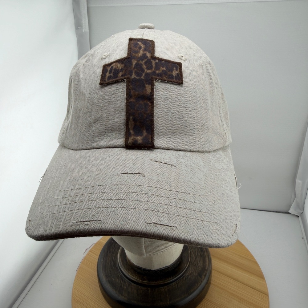 Southern Junkie Tan Herringbone Leopard Cross Distressed Baseball Cap Hat